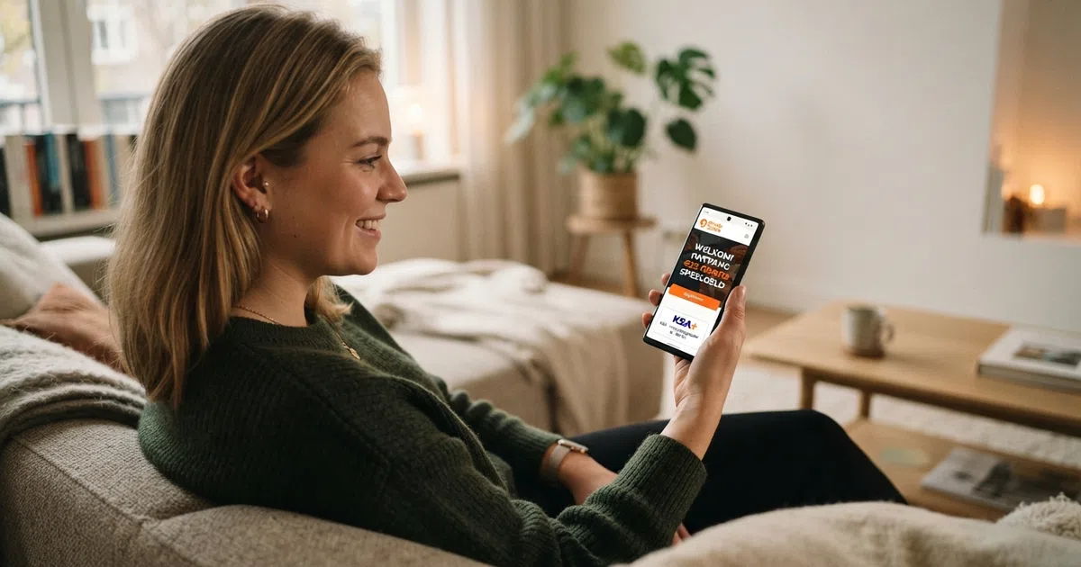 Een Nederlandse speler met een smartphone in de hand, waarop het registratiescherm van een online casino met een gratis-speelgeld aanbod zichtbaar is naast een KSA-keurmerk