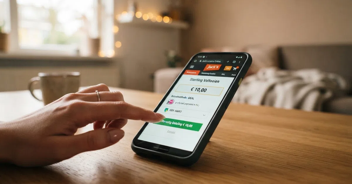 Een smartphone met daarop de homepage van een Nederlands online casino, een iDEAL-betaalscherm en het bedrag '€10' in het stortingsveld