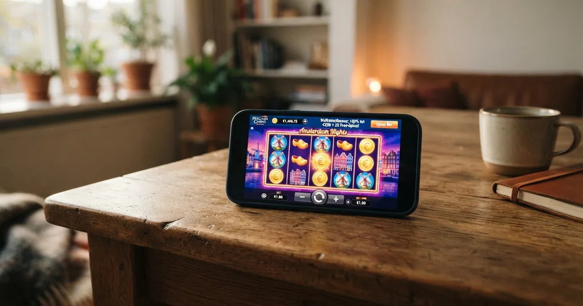 Een overzicht van een Nederlandse online casino-interface met uitbetalingspercentages, spelaanbod en een welkomstscherm zichtbaar