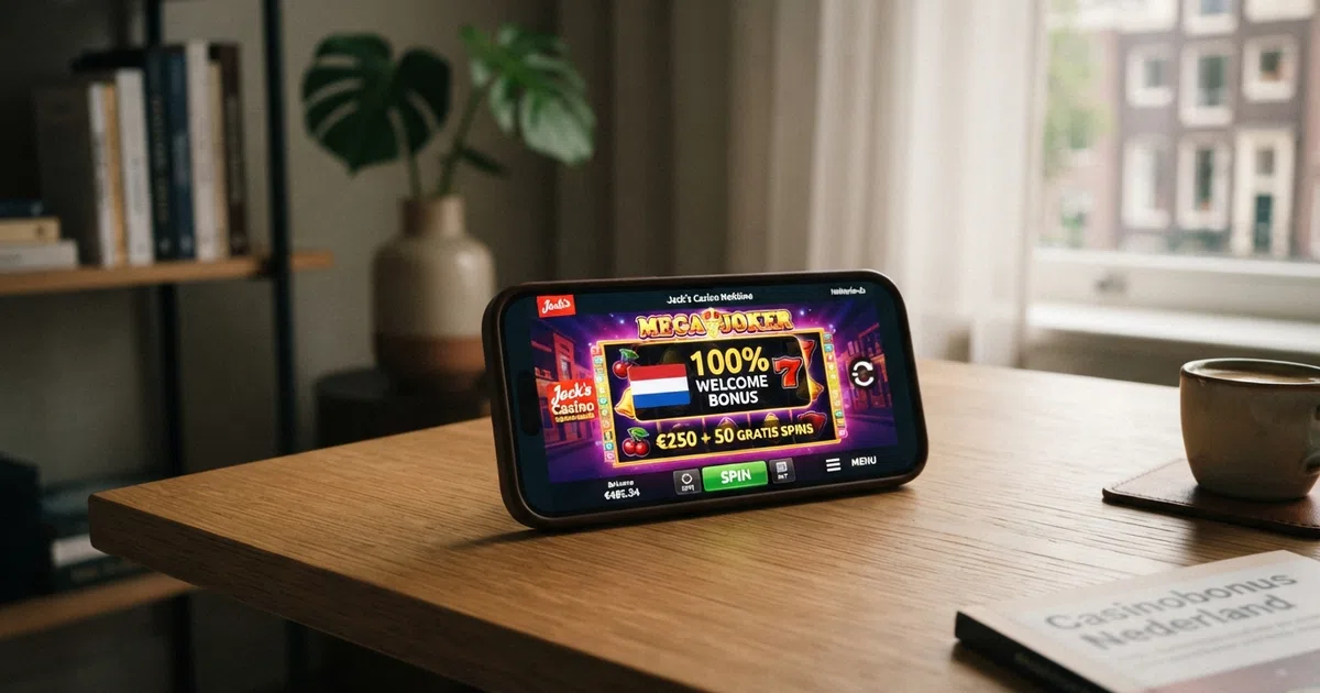 Een Nederlandse online casino-interface met een uitgelichte 100% stortingsbonus-banner, een iDEAL-betaalknop en het KSA-keurmerk zichtbaar in de footer