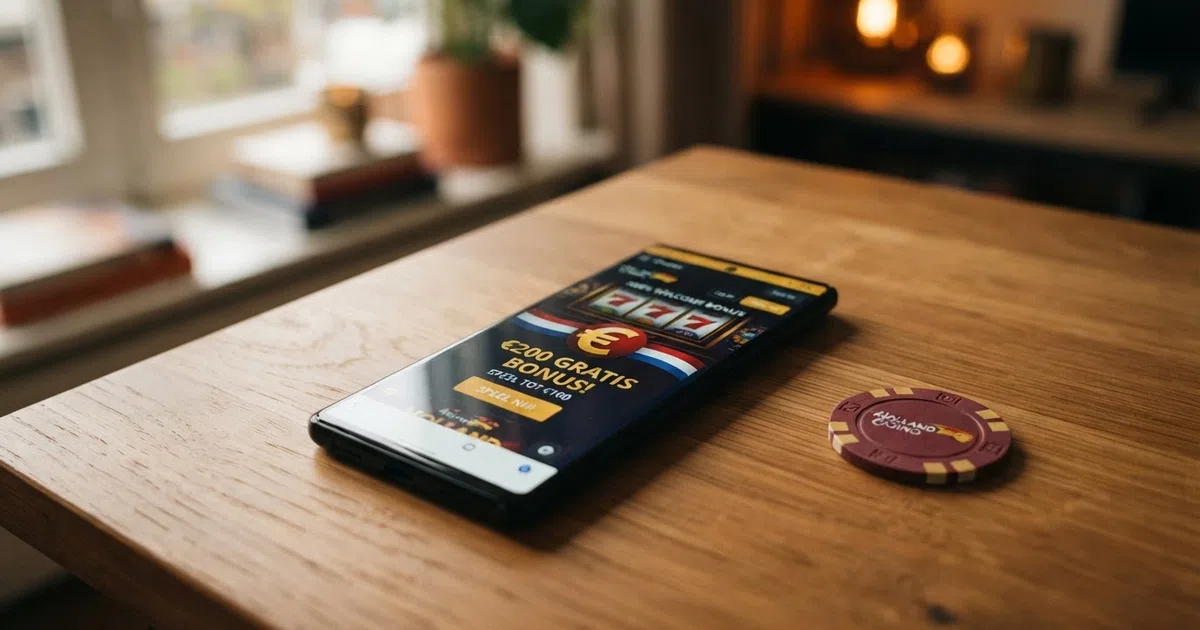 Een overzichtspagina van een online casino met een 200% stortingsbonus — de bonusvoorwaarden, het casino-logo en een speeltafel op de achtergrond