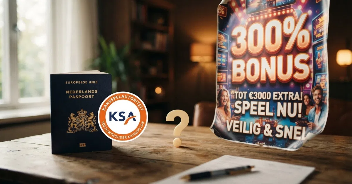 Een verdeelde scène: links het logo van de Kansspelautoriteit op een Nederlands paspoort, rechts een uitvergroot '300% BONUS'-banner met een vraagteken dat erboven zweeft