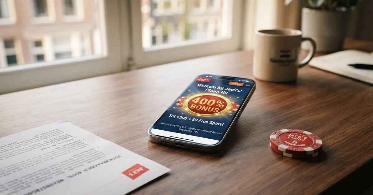Een smartphone met daarop een casino bonuspagina met een 400%-badge, naast een rekenmachine en een document met het woord “voorwaarden”