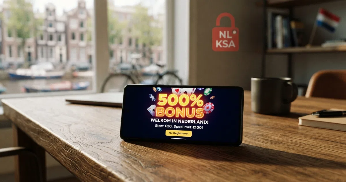 Een close-up van een smartphone met een casino-app en daarop het woord '500% bonus' in felle kleuren, met op de achtergrond vaag een rood slotje of KSA-logo dat de beperking symboliseert