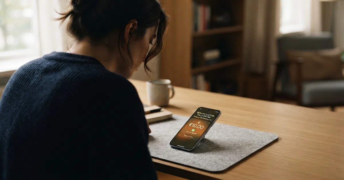 Een Nederlandse speler kijkt op zijn telefoon naar het stortingsscherm van een online casino met iDEAL als geselecteerde betaalmethode en een laag bedrag in het invoerveld.