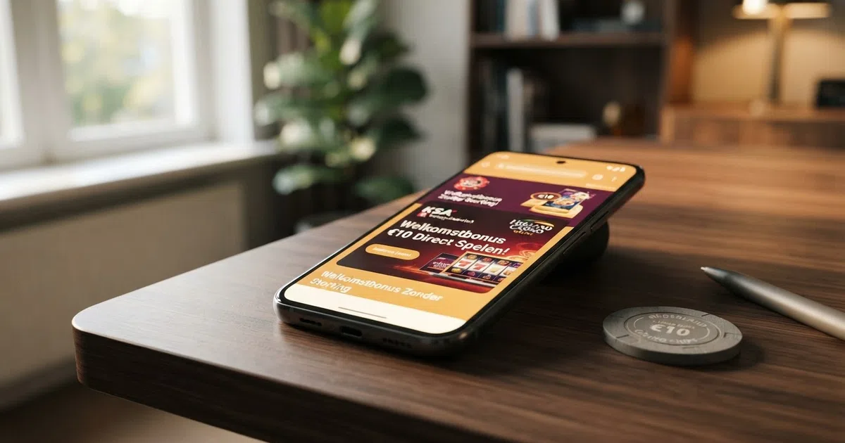 Een overzicht van een smartphone met een Nederlandse online casino welkomstpagina, met de focus op een zichtbare welkomstbonus-knop en het KSA-logo.