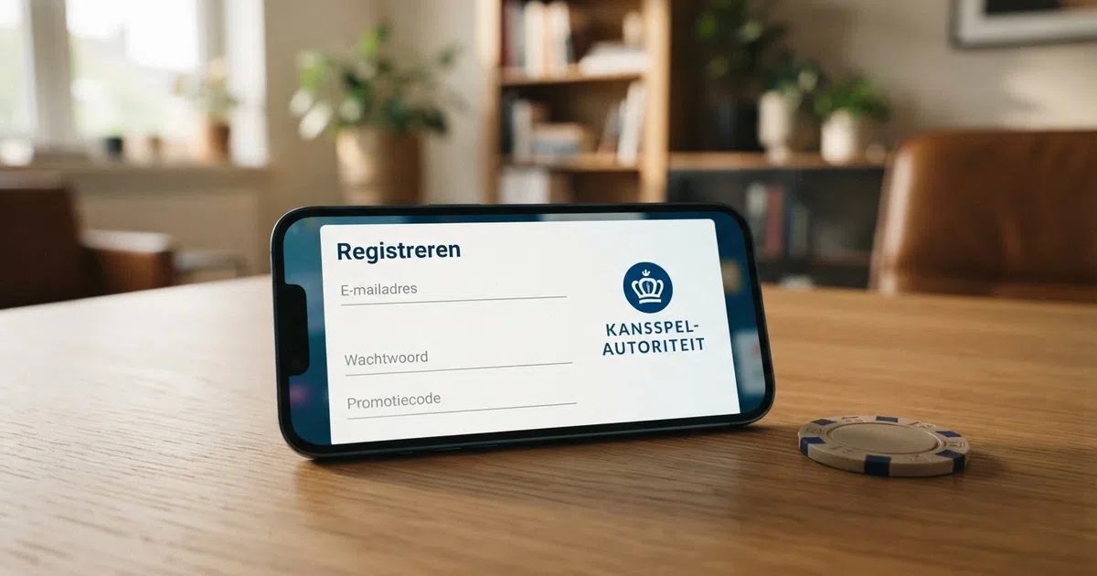 Een close-up van een Nederlands online casino registratiescherm met een invoerveld voor een promotiecode en het KSA-keurmerk in beeld