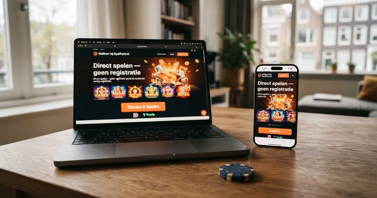 Een smartphone en een laptop tonen een online casino-startscherm met de tekst “Direct spelen — geen registratie” en een Trustly-betaalknop