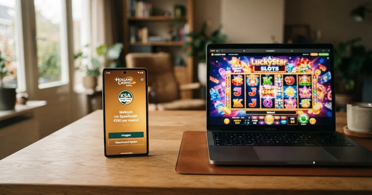 Een splitscreen waarbij links het slot van een KSA-vergunning met het Nederlandse wapen zichtbaar is en rechts een casino-interface zonder herkenbaar toezichtlogo