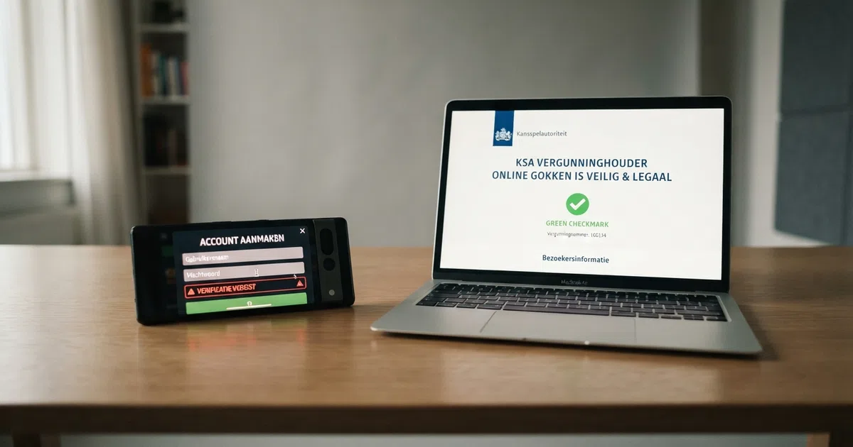 Twee schermen naast elkaar: links een casino-registratieformulier met een rood “verificatie vereist”-veld, rechts een KSA-keurmerk met een groen vinkje