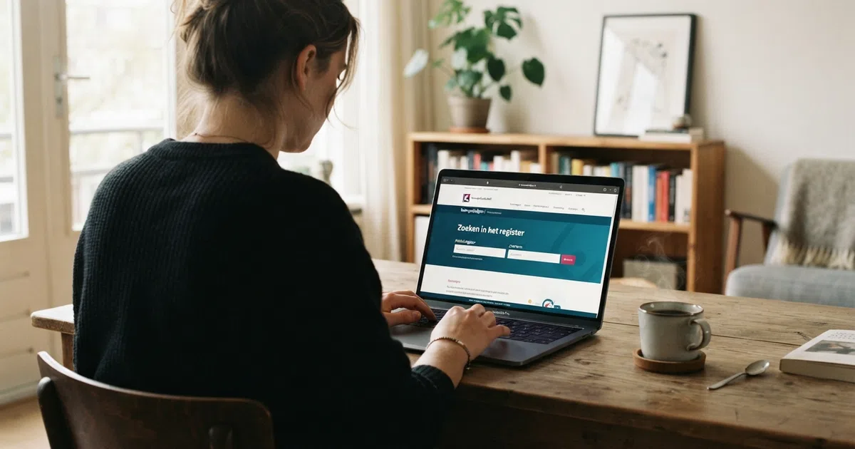 Een Nederlandse speler bekijkt op een laptop de Kansspelwijzer-pagina van de Kansspelautoriteit, met een kop koffie ernaast — het scherm toont het vergunningenregister