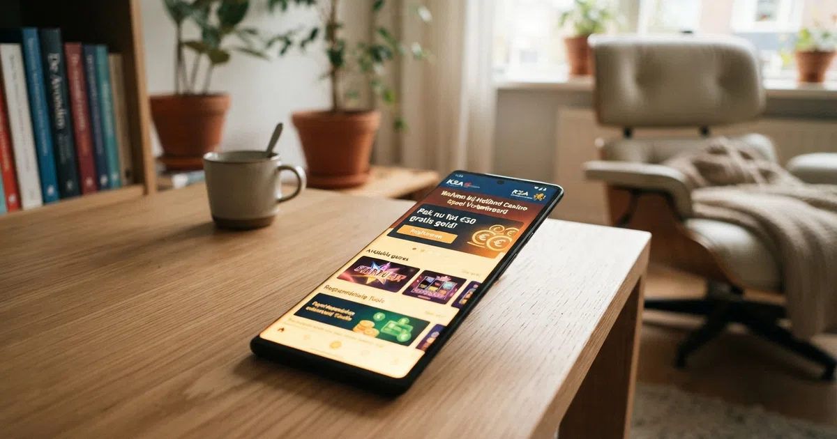 Een close-up van een smartphone met een Nederlands online casino op het scherm, met de tekst “gratis geld” en een KSA-keurmerk zichtbaar
