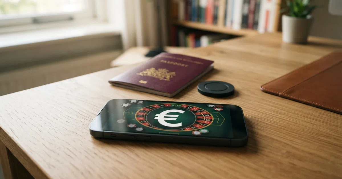 Een Nederlands paspoort en identiteitskaart liggen naast een laptop waarop een online casino-registratieformulier om ID-verificatie vraagt