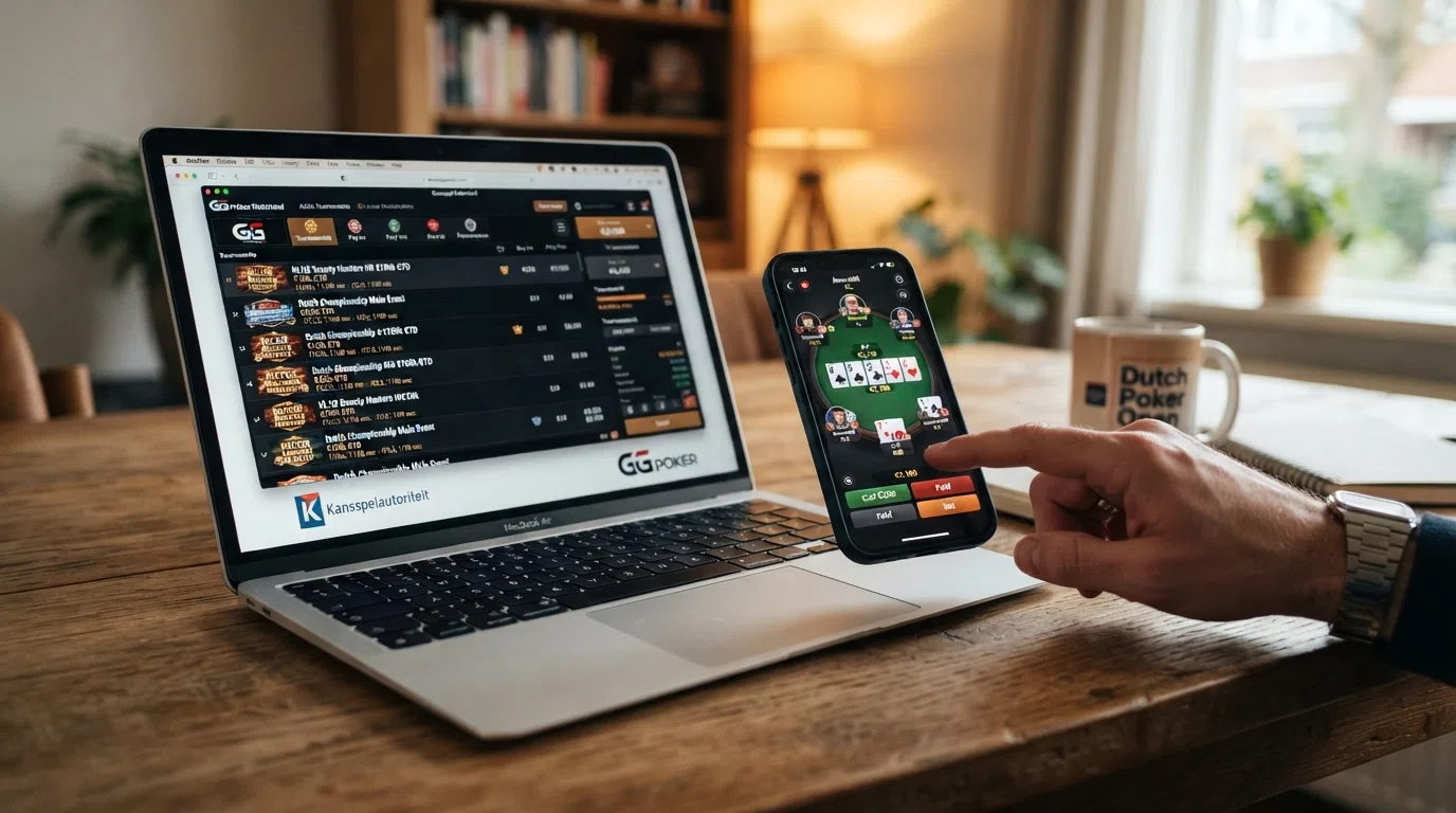 Een laptop en smartphone naast elkaar met verschillende pokerinterfaces: een toernooilobby, een cashgame-tafel en een live dealer stream
