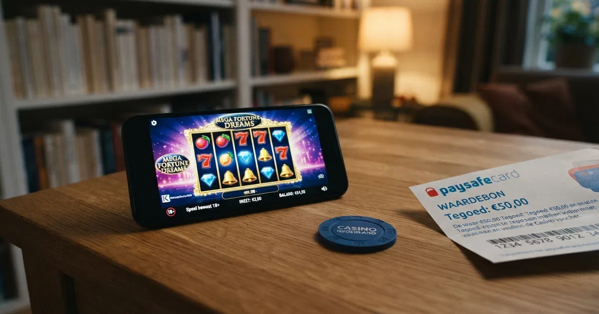 Paysafecard-logo en voucher naast de interface van een online casino met een waarschuwingssymbool
