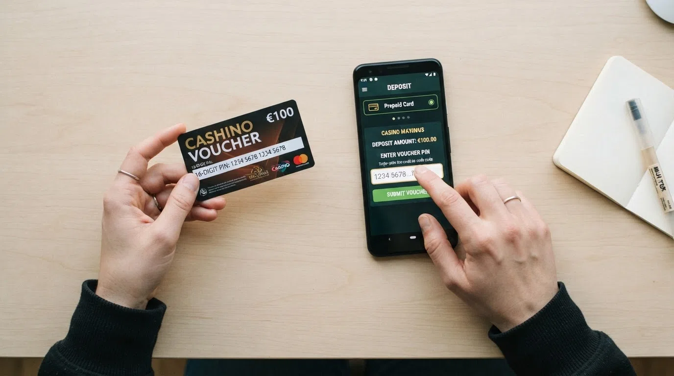 Een stappenillustratie van voucher naar speeltegoed: Paysafecard-kraslaag, code-invoer op casinoscherm, bevestiging van speeltegoed