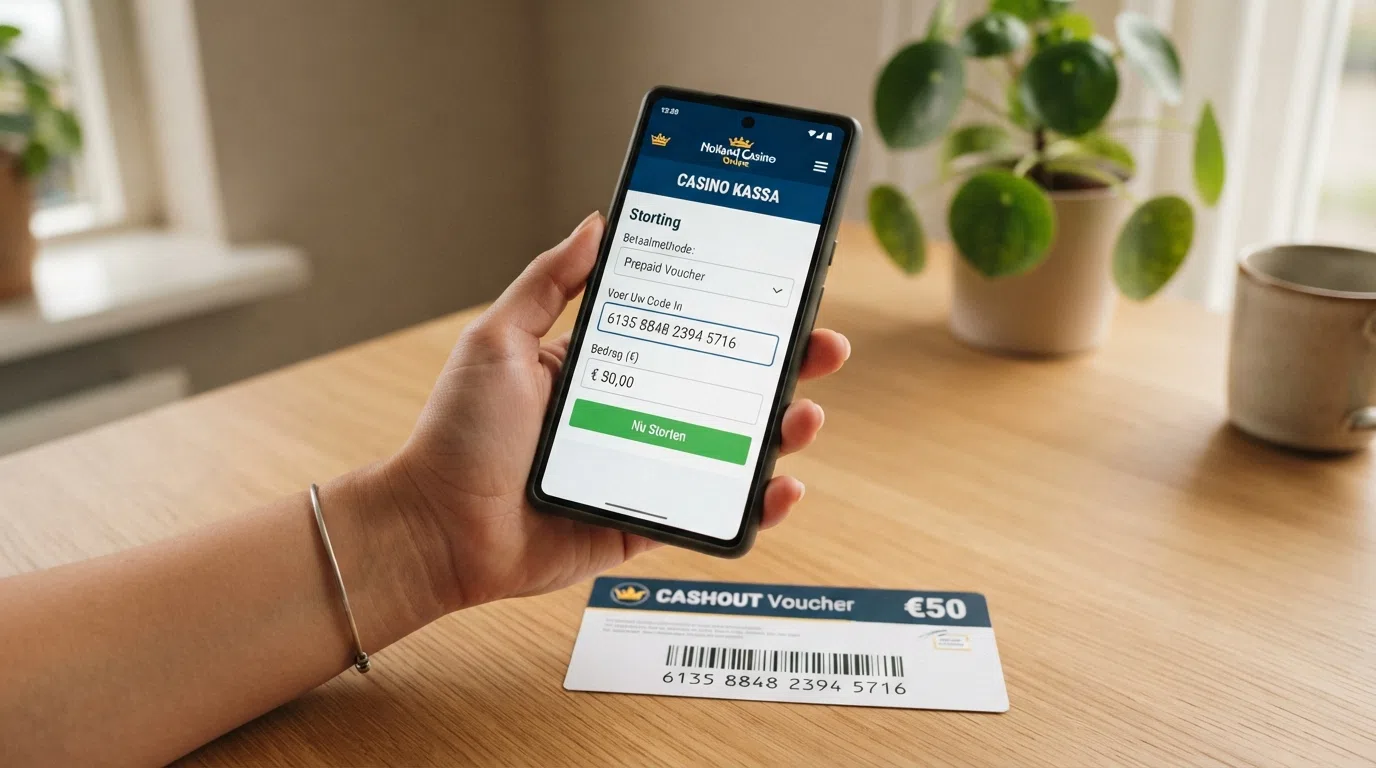 Een paysafecard-voucher met 16-cijferige code naast het stortingsscherm van een online casino met zichtbare commissie-informatie