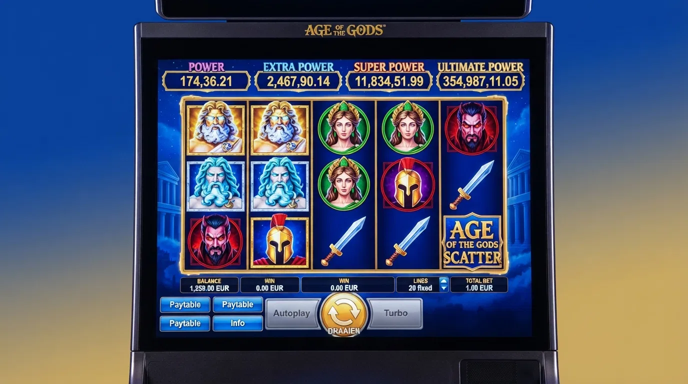De Age of the Gods-slot van Playtech met de vier progressieve jackpots zichtbaar boven de rollen en het Olympus-thema in beeld