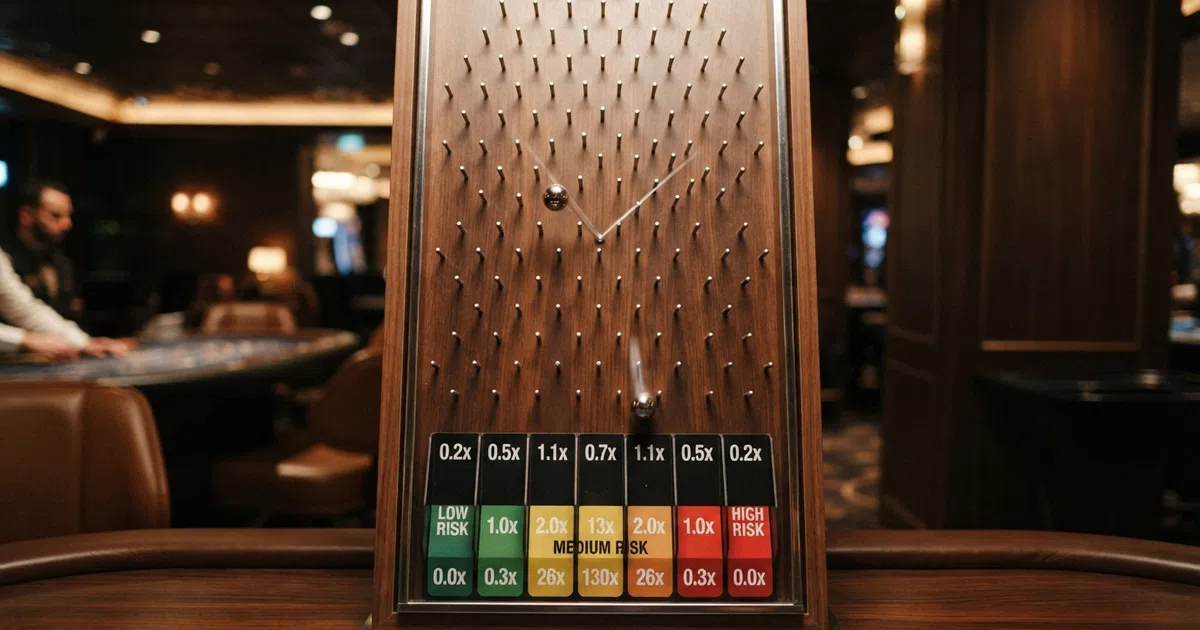 Een close-up van een Plinko-bord met een vallende bal tussen de pinnen, risiconiveaus zichtbaar aan de onderkant met multiplier-vakken.