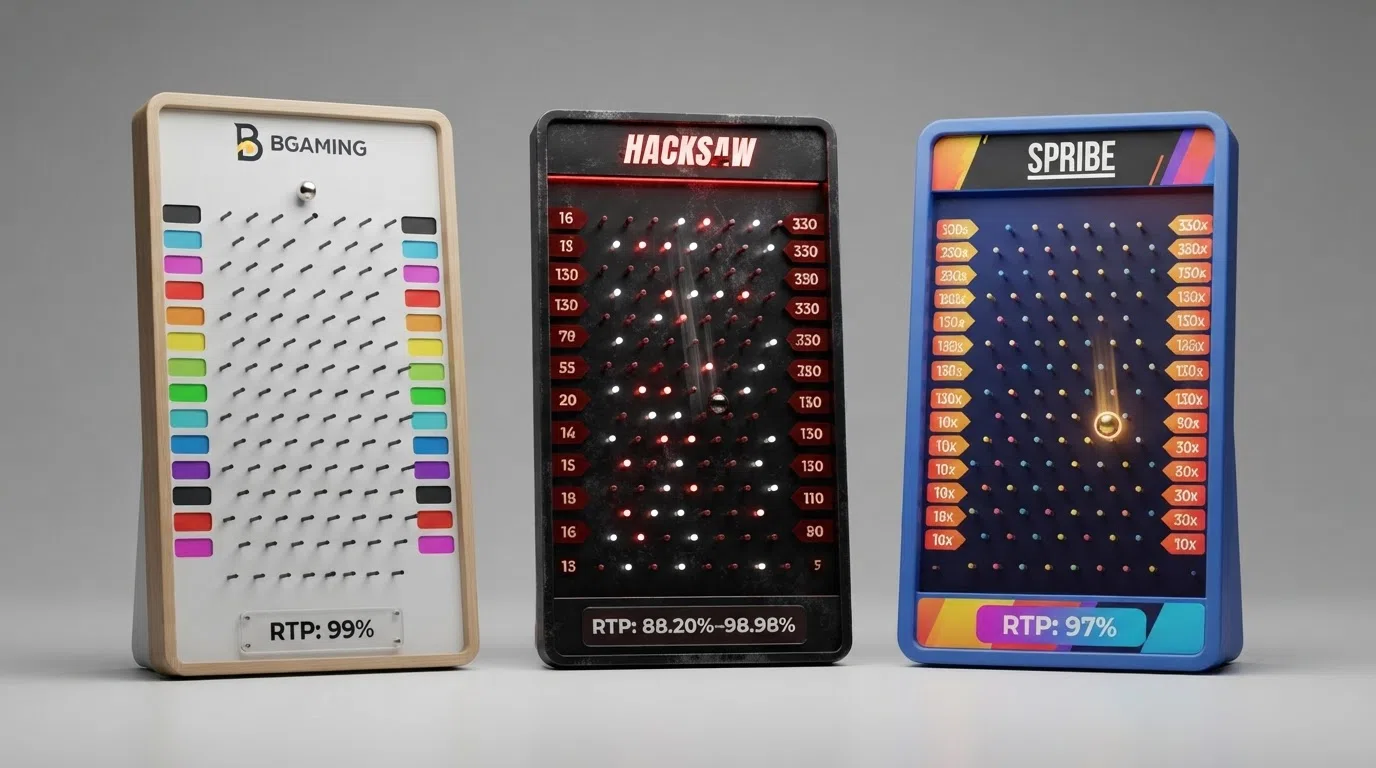 Drie Plinko-borden naast elkaar in verschillende stijlen — het strakke BGaming-bord, het donkere Hacksaw-bord met extreme randmultipliers, en het kleurrijke Spribe-bord — met RTP-percentages onder elk bord.