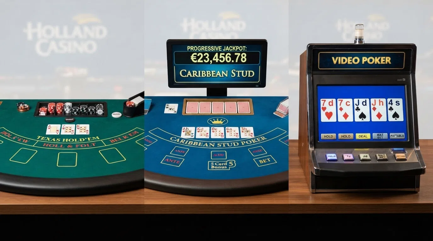 Drie verschillende pokeropstellingen naast elkaar: een Texas Hold'em-tafel, een Caribbean Stud-tafel en een videoscherm met video poker