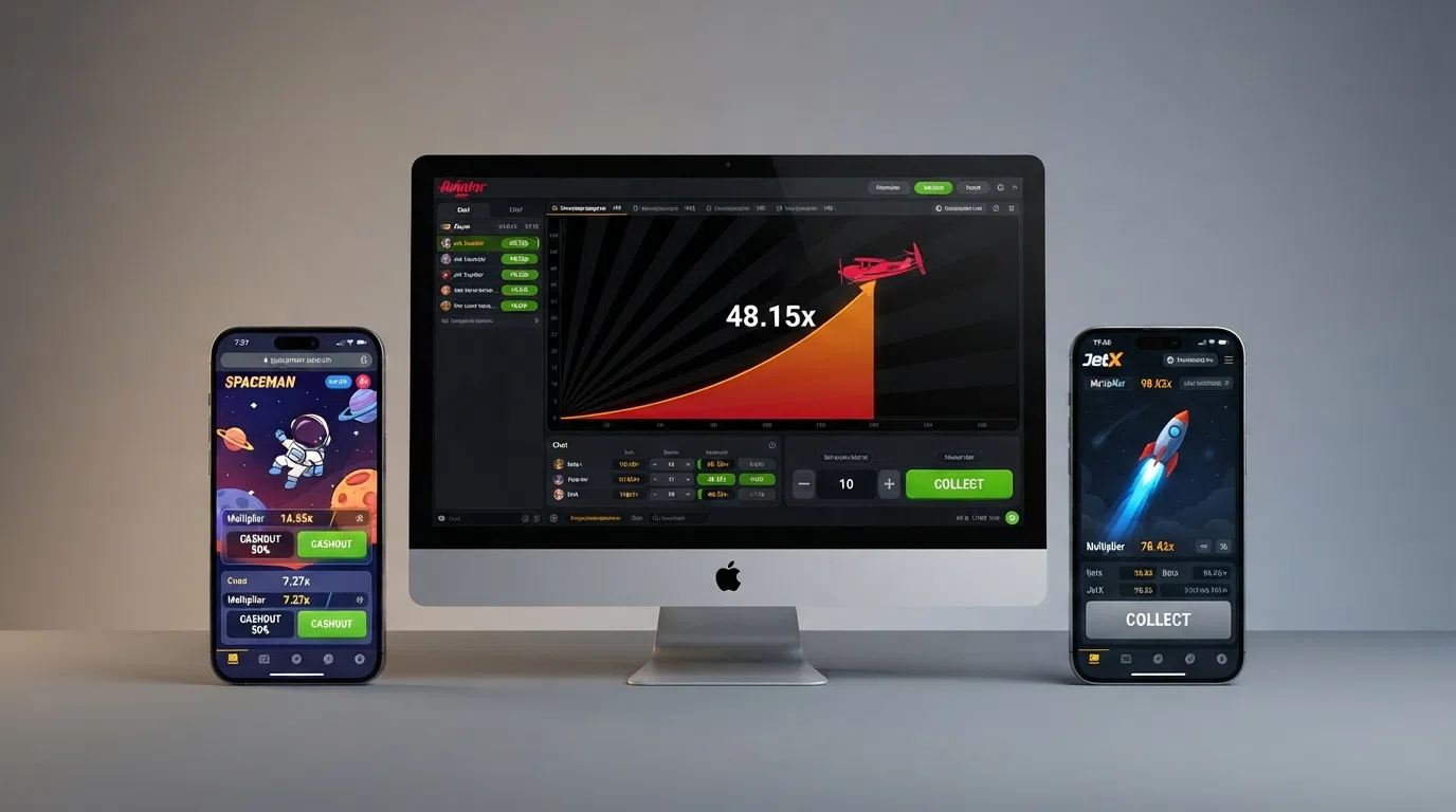 Drie crash game-schermen van Aviator, Spaceman en JetX naast elkaar op een desktop en smartphone