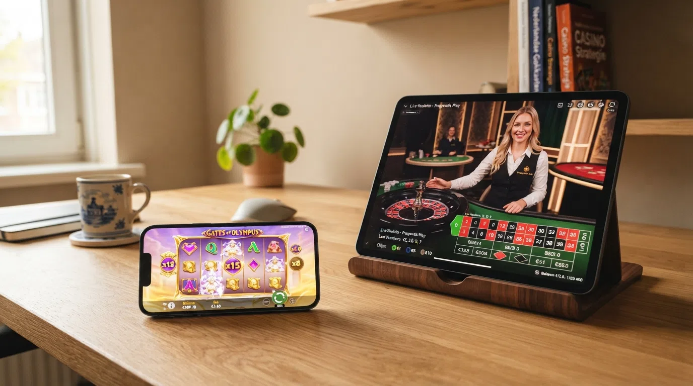 Sweet Bonanza-speelveld met kleurrijke snoep-symbolen naast een live-roulettetafel met Nederlandse dealer