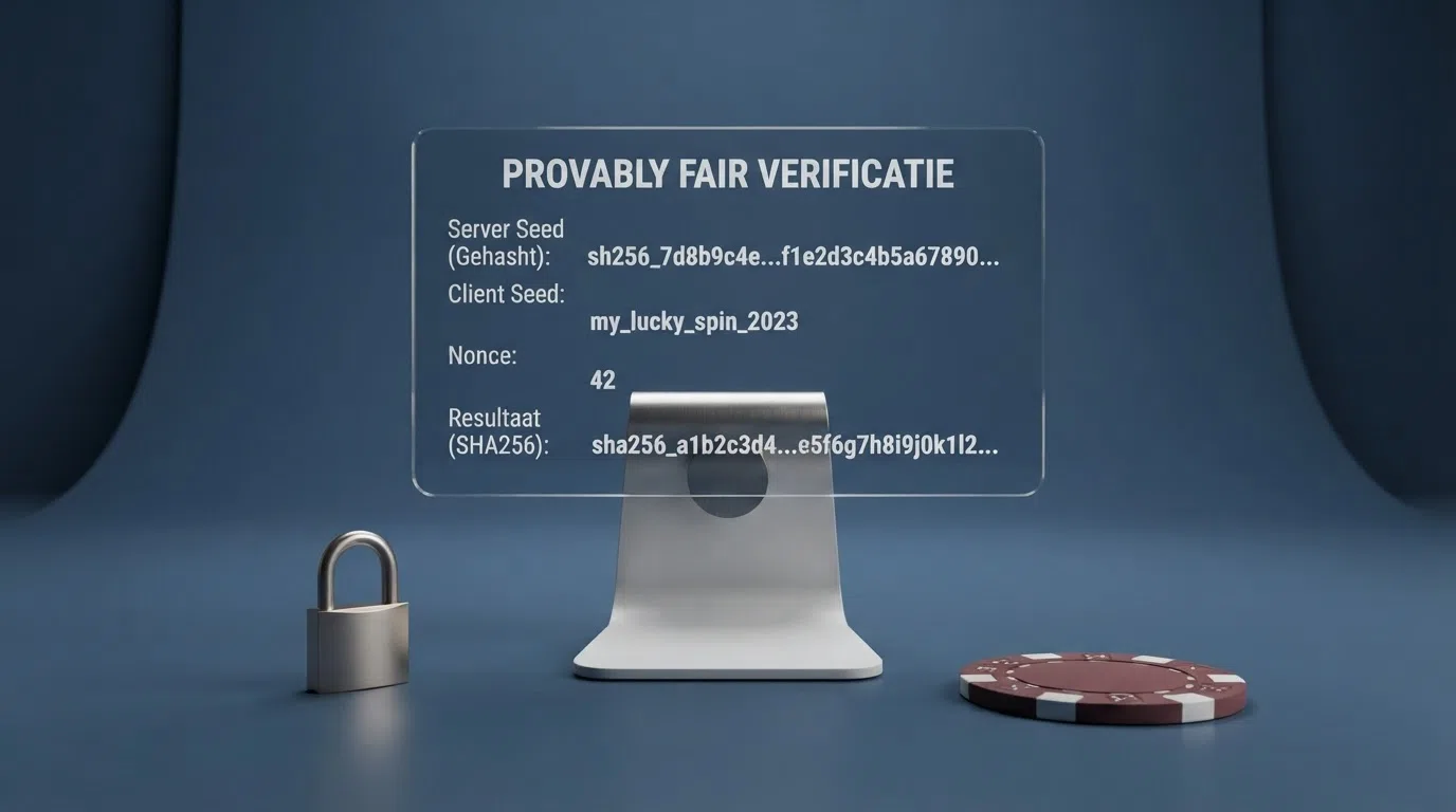 Een cryptografische hash-string en seed-weergave op een casino-provably-fair-verificatiescherm