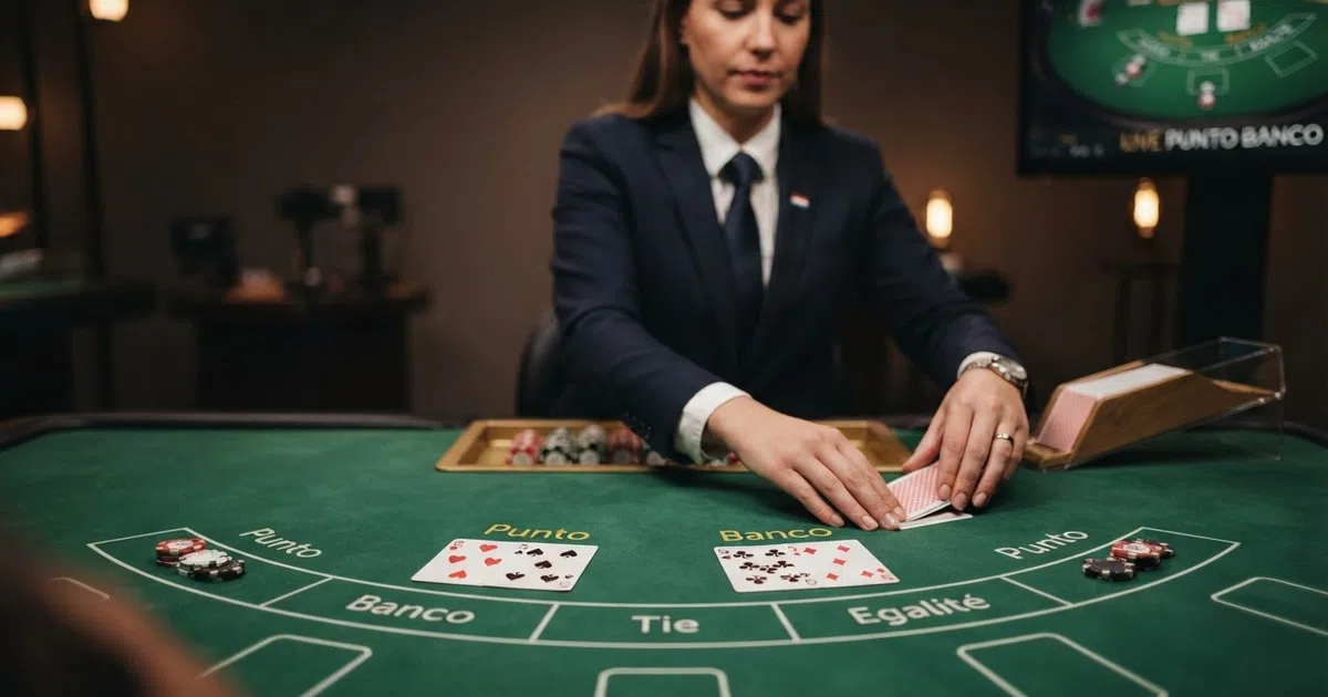 Een live Punto Banco-tafel met een dealer in een professionele casinostudio, kaarten liggen op het groene laken, de Punto- en Banco-vakken zijn zichtbaar