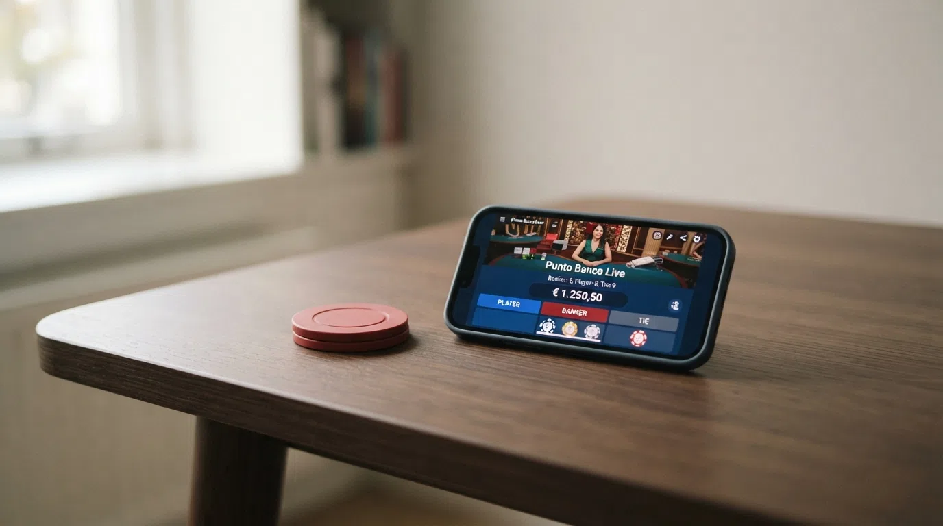 Een overzicht van de logo's van besproken Nederlandse online casino's met KSA-vergunning naast een Punto Banco-tafel
