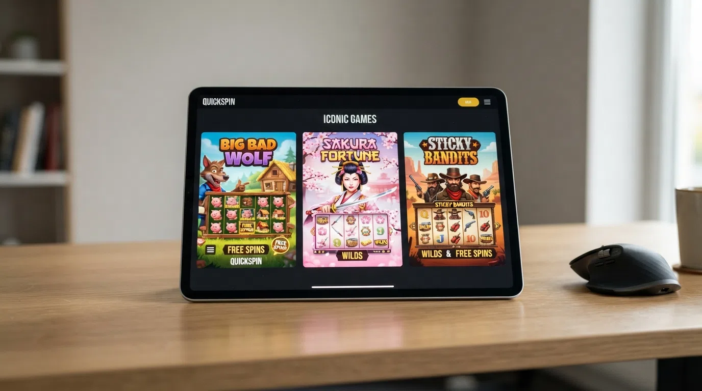 De drie bekendste Quickspin-gokkasten — Big Bad Wolf, Sakura Fortune en Sticky Bandits — naast elkaar op een casino-startscherm