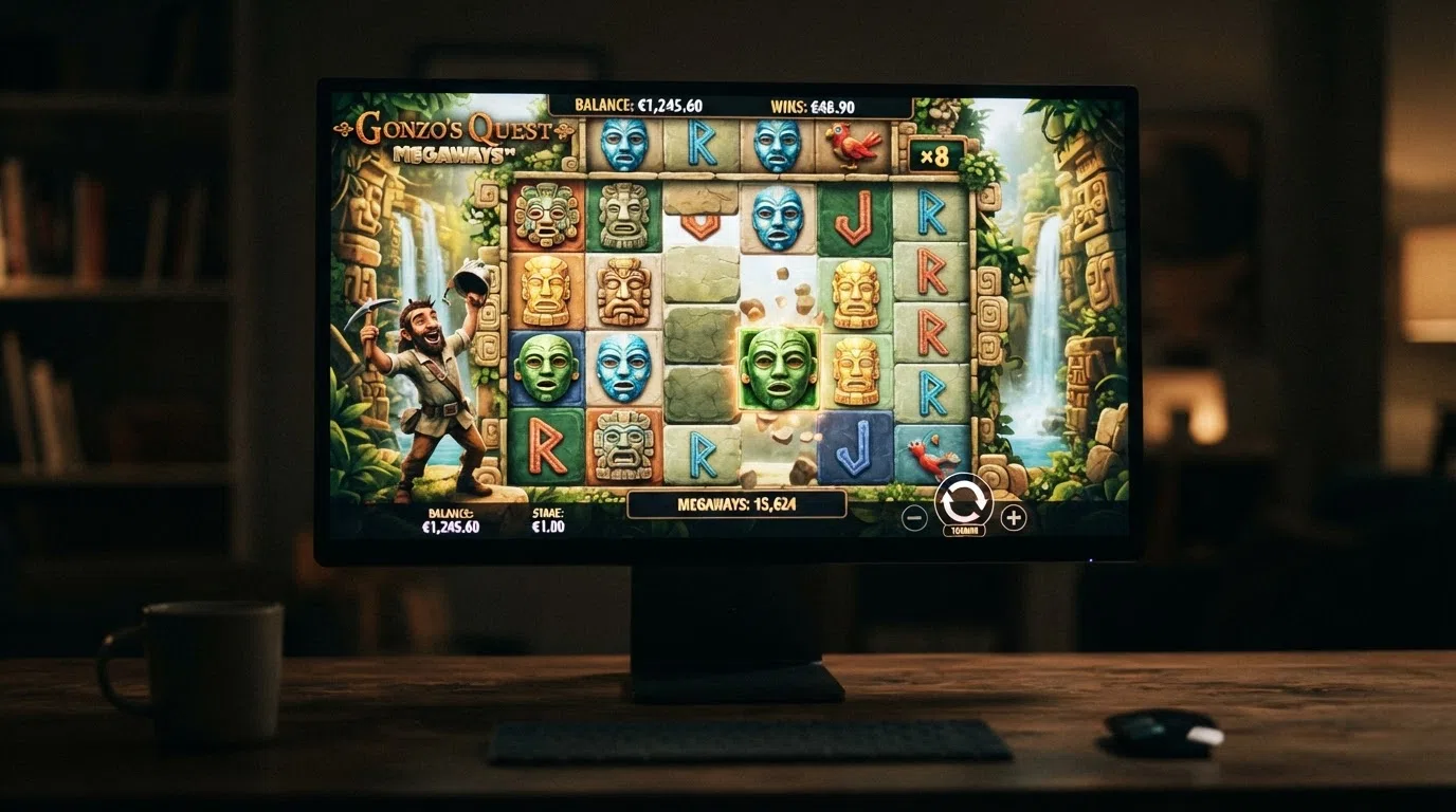 De Gonzo's Quest Megaways-gokkast van Red Tiger Gaming op een desktopschem, met het 6×7-speelveld en de Avalanche-winstmechaniek zichtbaar