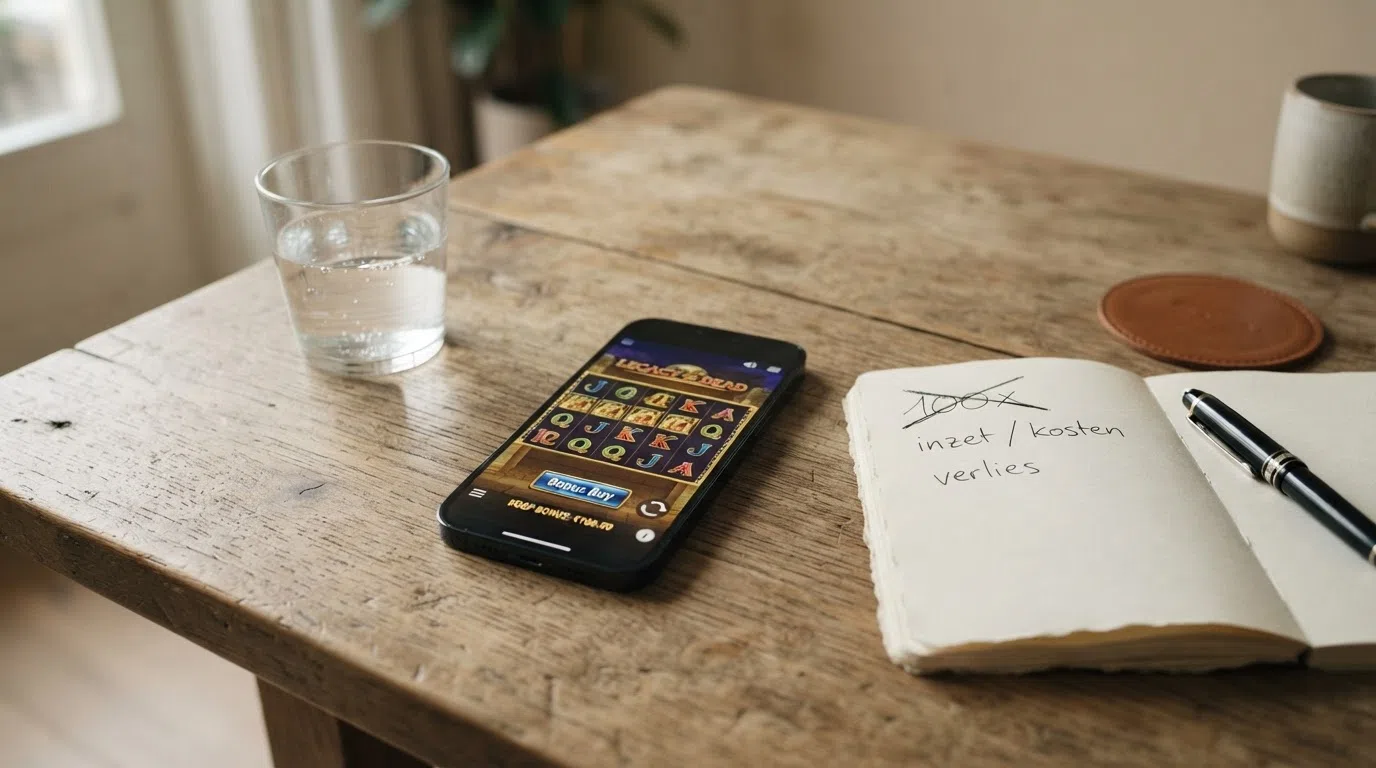 Een ingetogen beeld: een smartphone op een tafel met daarop een slotscherm, ernaast een glas en een notitieblok met het getal '100×' doorgestreept — rustig, niet sensationalistisch.