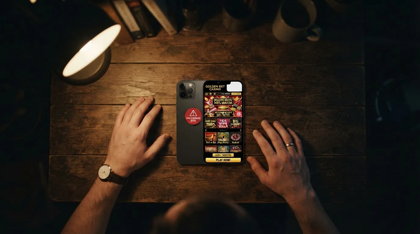 Een rood waarschuwingsicoon boven een scherm met een casino-website die géén KSA-keurmerk toont — het visuele verschil tussen legaal en illegaal
