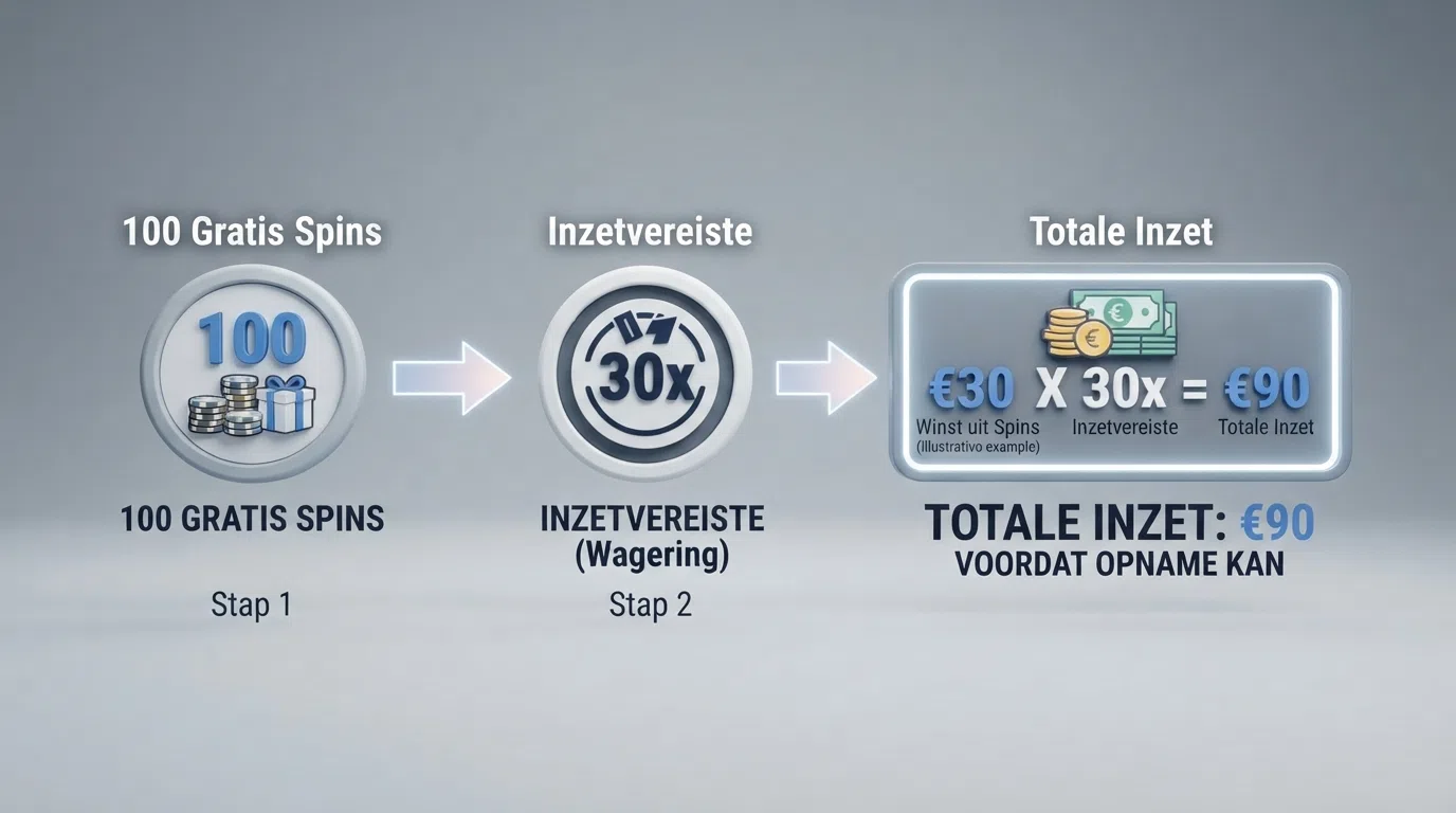 Een rekenvoorbeeld in kaartvorm: van 100 gratis spins via rondspeeleisen naar het bedrag dat je daadwerkelijk kunt opnemen