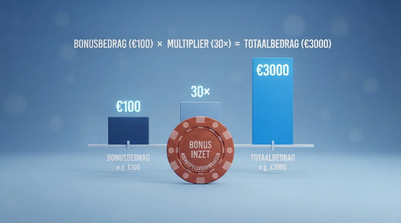 Een visuele rekensom: bonusbedrag maal inzetvereiste leidt tot het totaalbedrag dat een speler moet rondspelen voordat bonusgeld vrij opneembaar wordt.