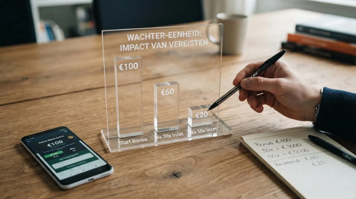 Een grafische weergave van hoe een bonusbedrag slinkt nadat rondspeelvoorwaarden zijn toegepast: € 100 → € 60 → € 20.
