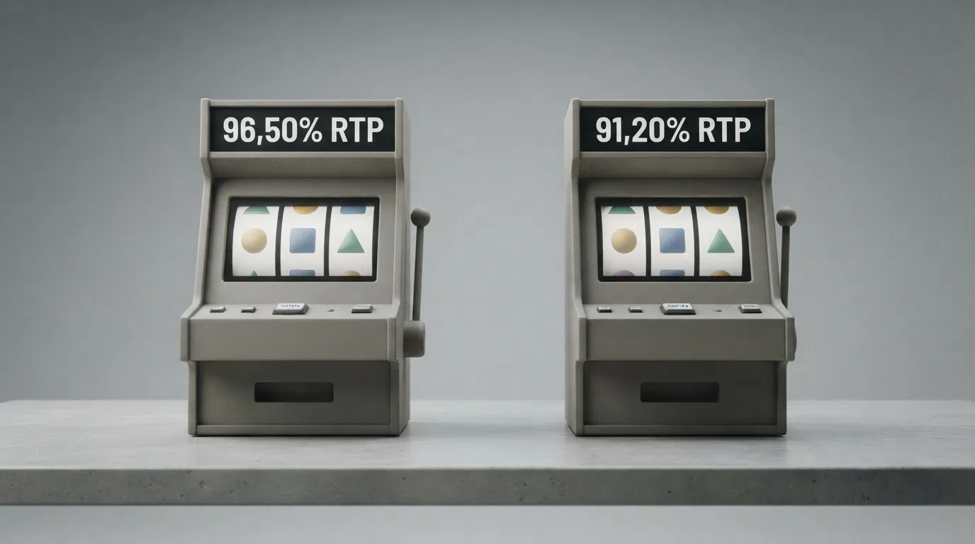 Twee identieke slotmachines naast elkaar, met boven de ene '96,50% RTP' en boven de andere '91,20% RTP' — het visuele verschil in terugbetaling
