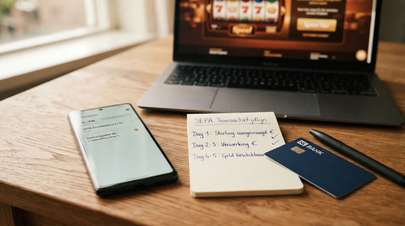 Een visuele tijdlijn van storting tot uitbetaling: bankoverschrijving van bankrekening naar casino-speelrekening en terug