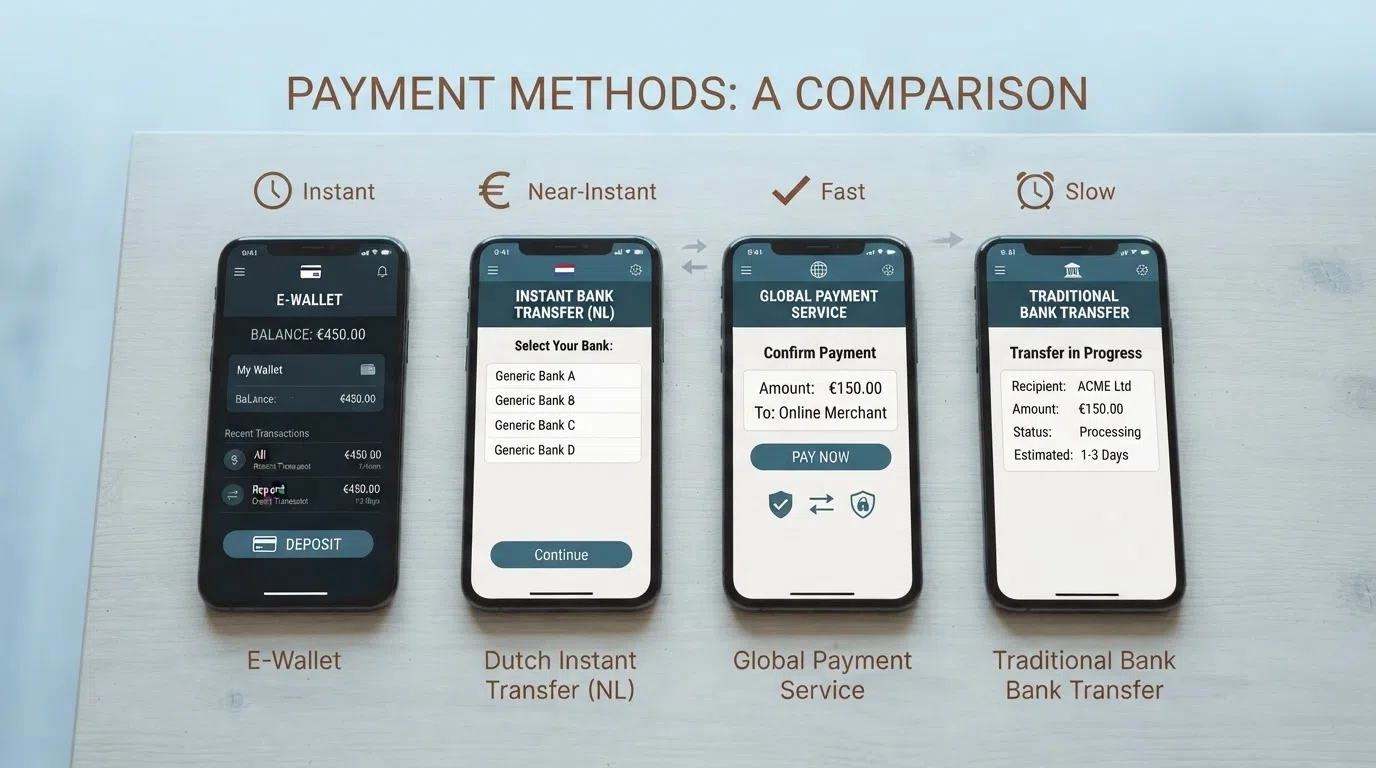 Een zij-aan-zij-vergelijking van vier betaalmethoden — Skrill, iDEAL, PayPal en bankoverschrijving — met snelheid en kosten per methode in een overzichtelijke infographic