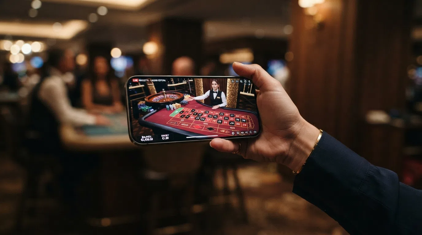 Een iPhone in liggende stand met een live roulette-tafel in een casino app, met een echte dealer in beeld