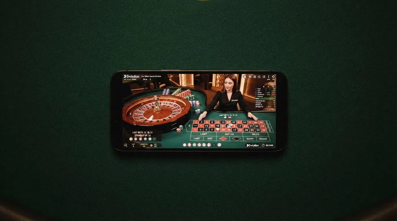 Een smartphone in liggende stand met een live-roulettetafel van Evolution Gaming, de croupier zichtbaar en de inzetopties onderin het scherm