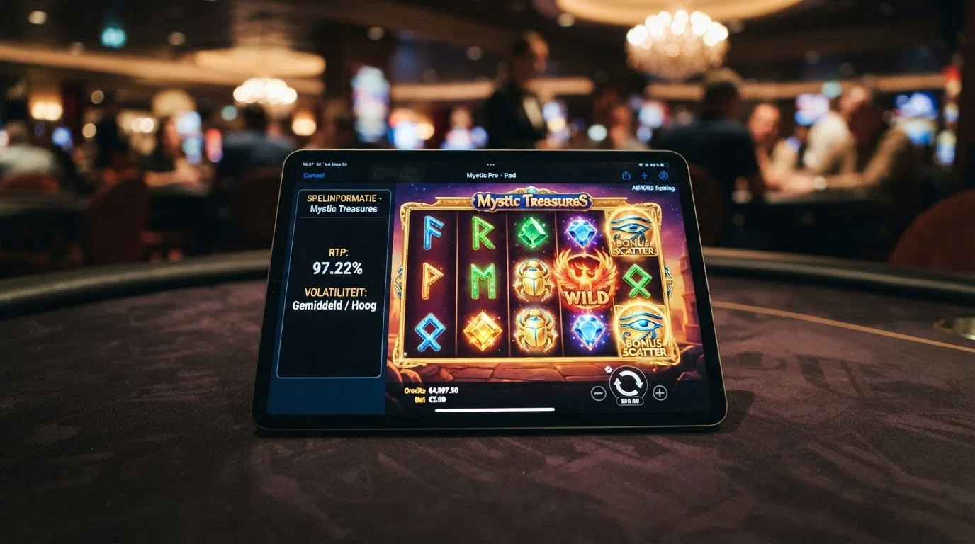 Het spelraster van een hoog-RTP-gokkast als Spartania of Money Train 2 met het infoscherm geopend waarin de RTP en volatiliteit staan