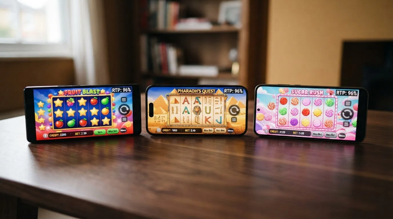 Drie populaire online slots naast elkaar met hun RTP-percentages — Starburst (96 %), Book of Dead (96 %) en Sweet Bonanza (96 %) — en de providerlogo's NetEnt, Play'n GO en Pragmatic Play
