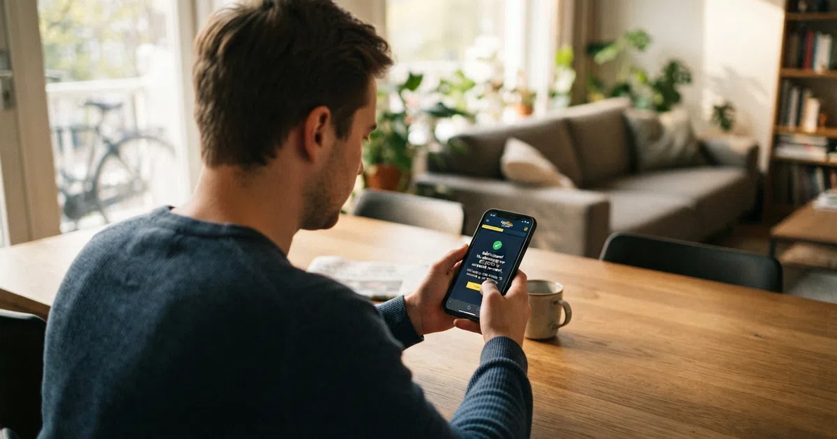 Een Nederlandse speler kijkt op zijn telefoon naar een bevestigingsscherm van een online casino-uitbetaling, met het bedrag en de transactiestatus prominent in beeld