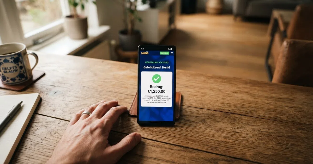 Een Nederlandse speler kijkt op zijn telefoon naar het opnamescherm van een online casino met een bevestigde uitbetaling.