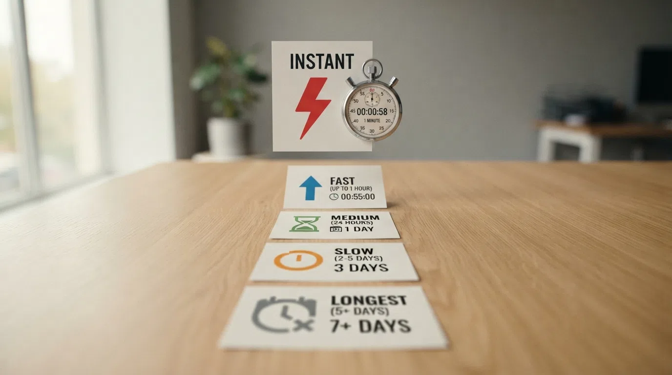 Een visuele rangschikking van casino-logo's gerangschikt op uitbetalingstijd, met Kansino bovenaan naast een stopwatch die 1 minuut aangeeft
