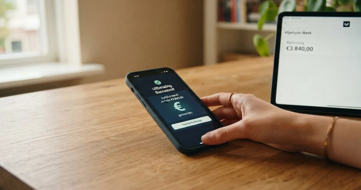 Een Nederlandse speler die op een smartphone een uitbetalingsbevestiging van een online casino bekijkt, met een bankieren-app zichtbaar op de achtergrond