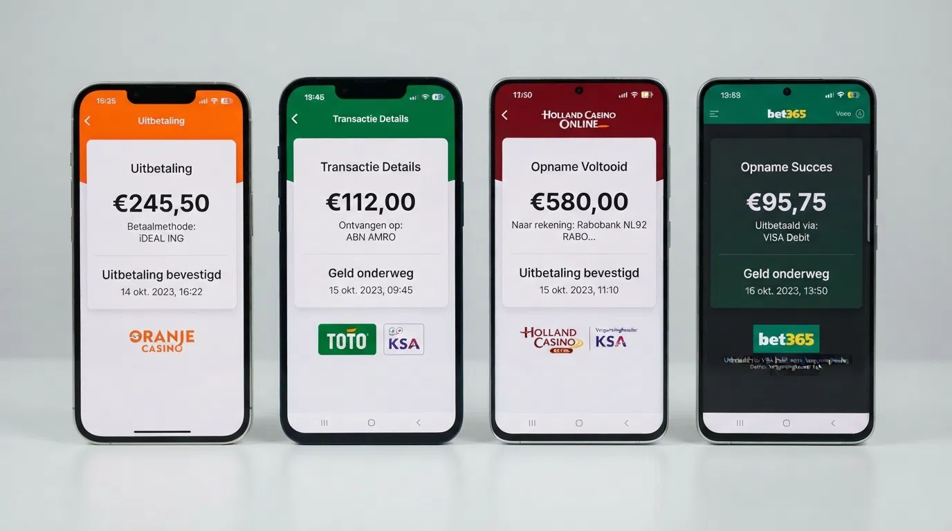 Een overzichtelijk rijtje Nederlandse bankpassen of telefoonschermen met uitbetalingsbevestigingen van verschillende casino's naast elkaar.
