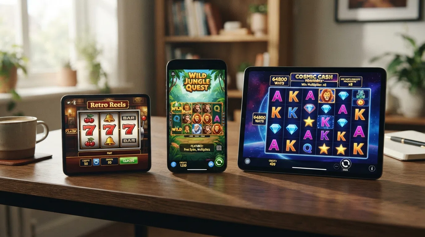 Drie schermen naast elkaar: een klassieke fruitautomaat, een moderne video slot met bonusspel en een Megaways-gokkast met cascading reels